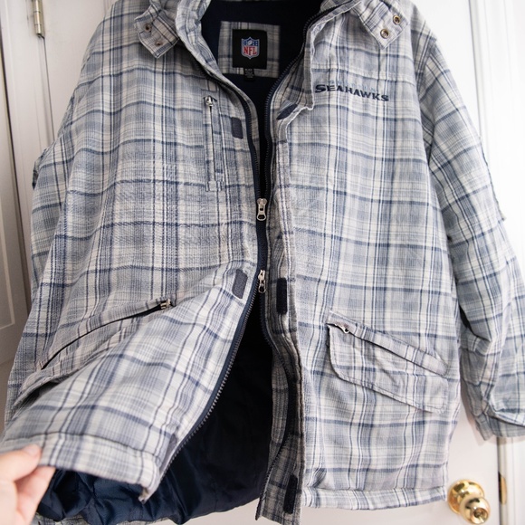 Vintage Seattle Seahawks NFL Blue Plaid Jacket Coat with Hood Mens XL Football - Picture 5 of 6